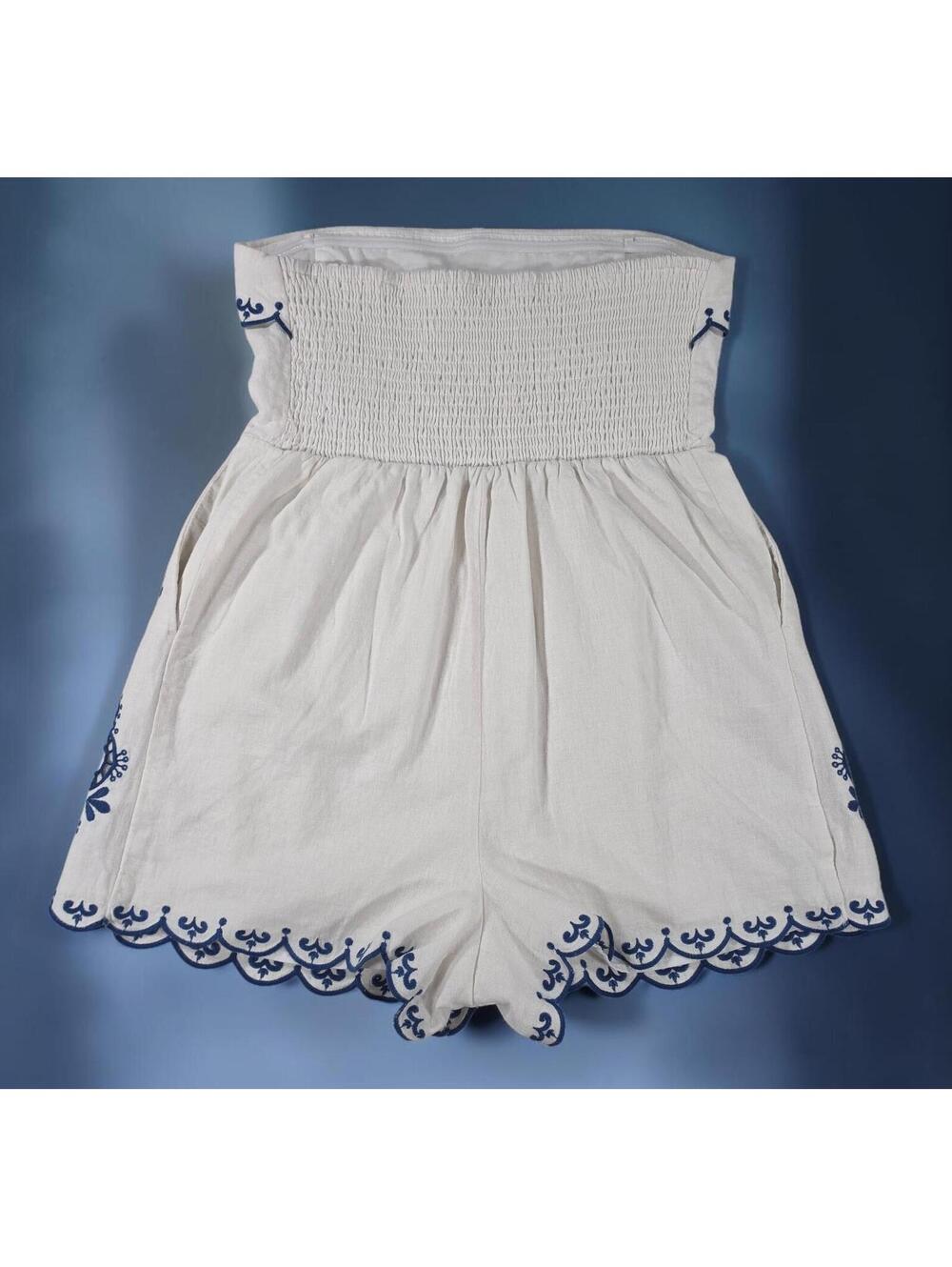 Caroline Constas White Navy Embroidered Linen Strapless Romper-XS No Belt/Straps - Picture 3 of 11